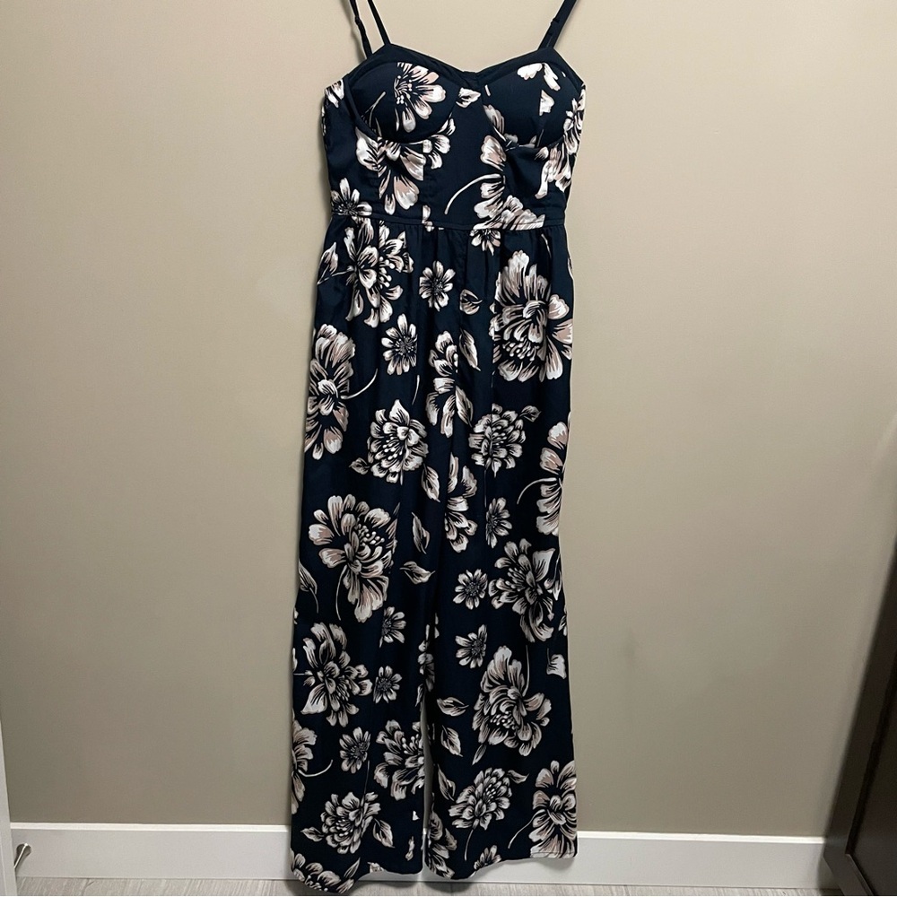 BOG Collective Navy Blue Floral Spaghetti Strap Bustier Jumpsuit Women’s XS